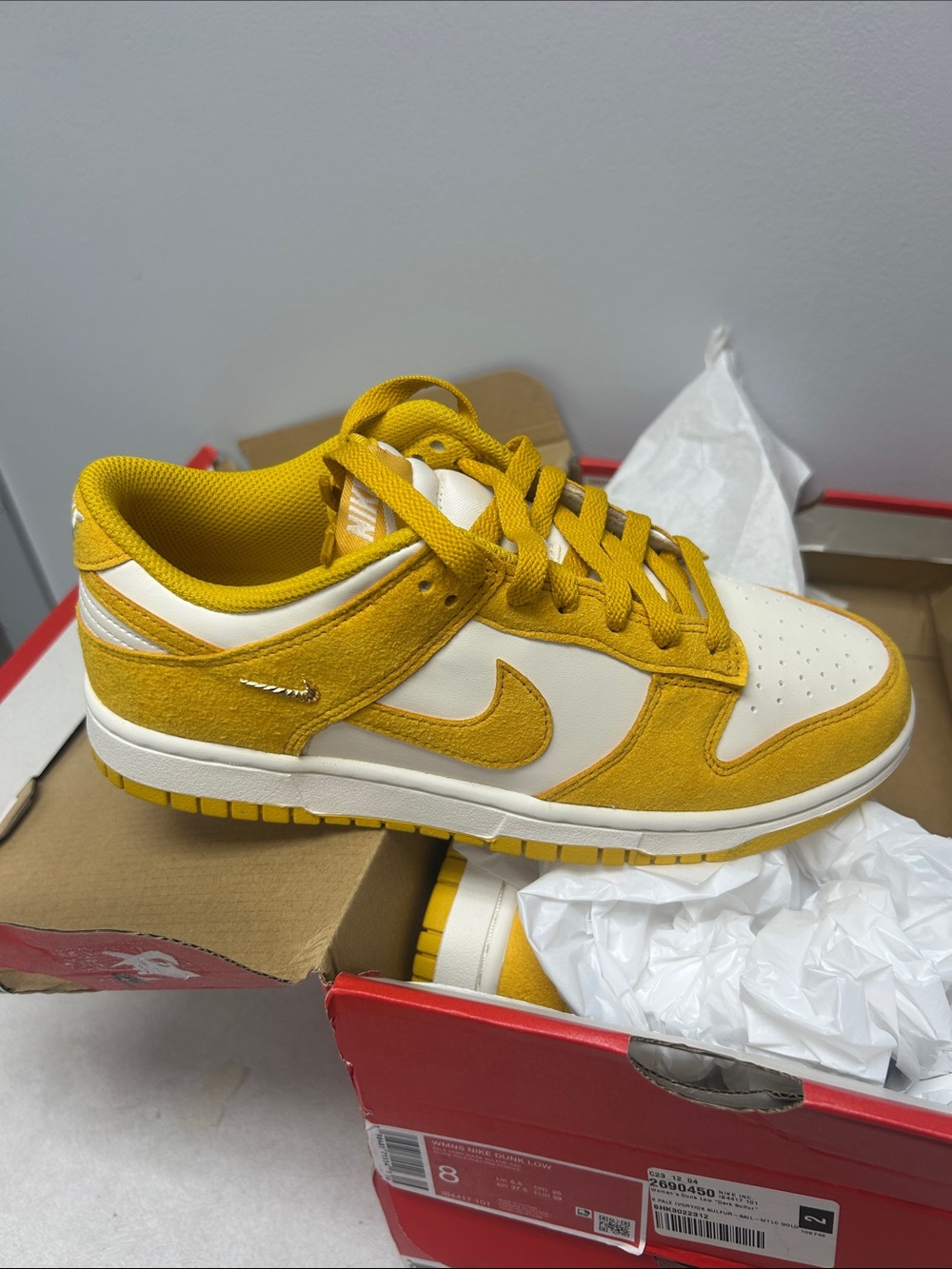 Women’s Men’s Dunk Low White and Yellow Suede Sneakers